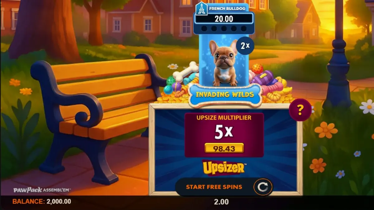 Tampilan visual slot Paw Pack Assembl’Em dengan karakter anjing kartun yang ceria